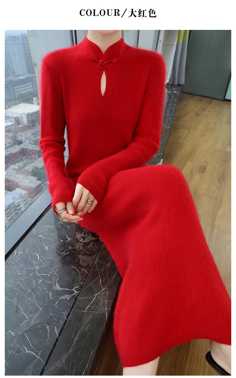 Women' 100%Pure Mink Cashmere Dress Stand-Up Collar Buckle Slim Knit Long Skirt Fashion High Waist Over The Knee Bottoming Dress