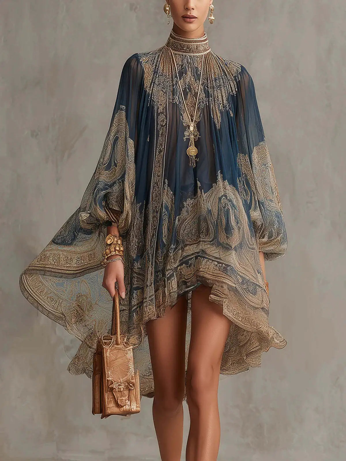 2026 New European and American Turtleneck Printed Chiffon Dress Loose Vacation Style Shawl Long-Sleeved Women's Dress