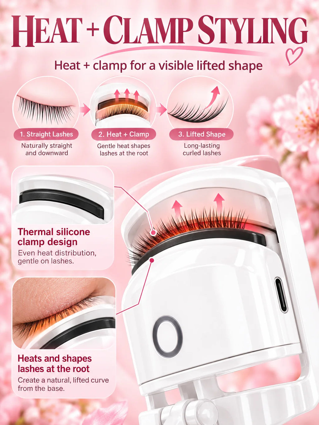 Electric Heated Eyelash Curler 2 Heat Modes Thermal Silicone Clamp Type-C Rechargeable Lash Curler 5-Min Auto Shut-Off Makeup To