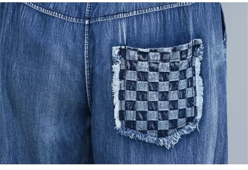 2026 Summer Women Embroidered Mosaic Lattice Denim Two-Piece Suit Fashion Sportswear Female Casual Loose 2 Piece Set Ladies
