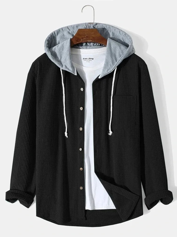 Spring Autumn Patchwork Thick Hooded Shirt Men Waffle Long sleeved Hoodie Fashion Casual Loose Sweatshirt Tops Oversized Shirts