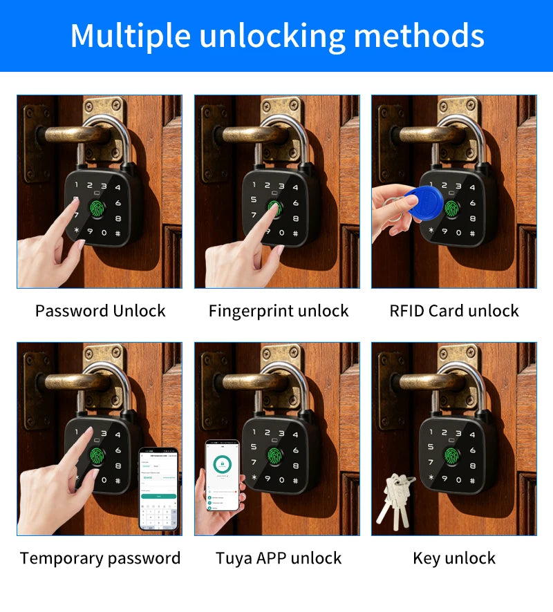 IP67 Smart Padlock Support Tuya App Fingerprint Password RFID Card Key Unlock Type-C Charging Multi-function Anti-theft Lock