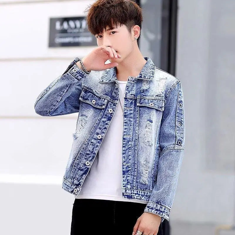 Ripped Button Men's Denim Jacket Washed Branded of Fabric Trendy Casual Original Aesthetic Fashion Male Jean Coats Fast Delvery