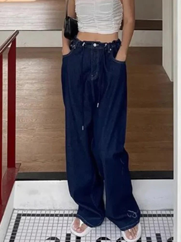 Retro High-waisted Women's Straight Jeans Summer New Fashion Loose Drawstring Design