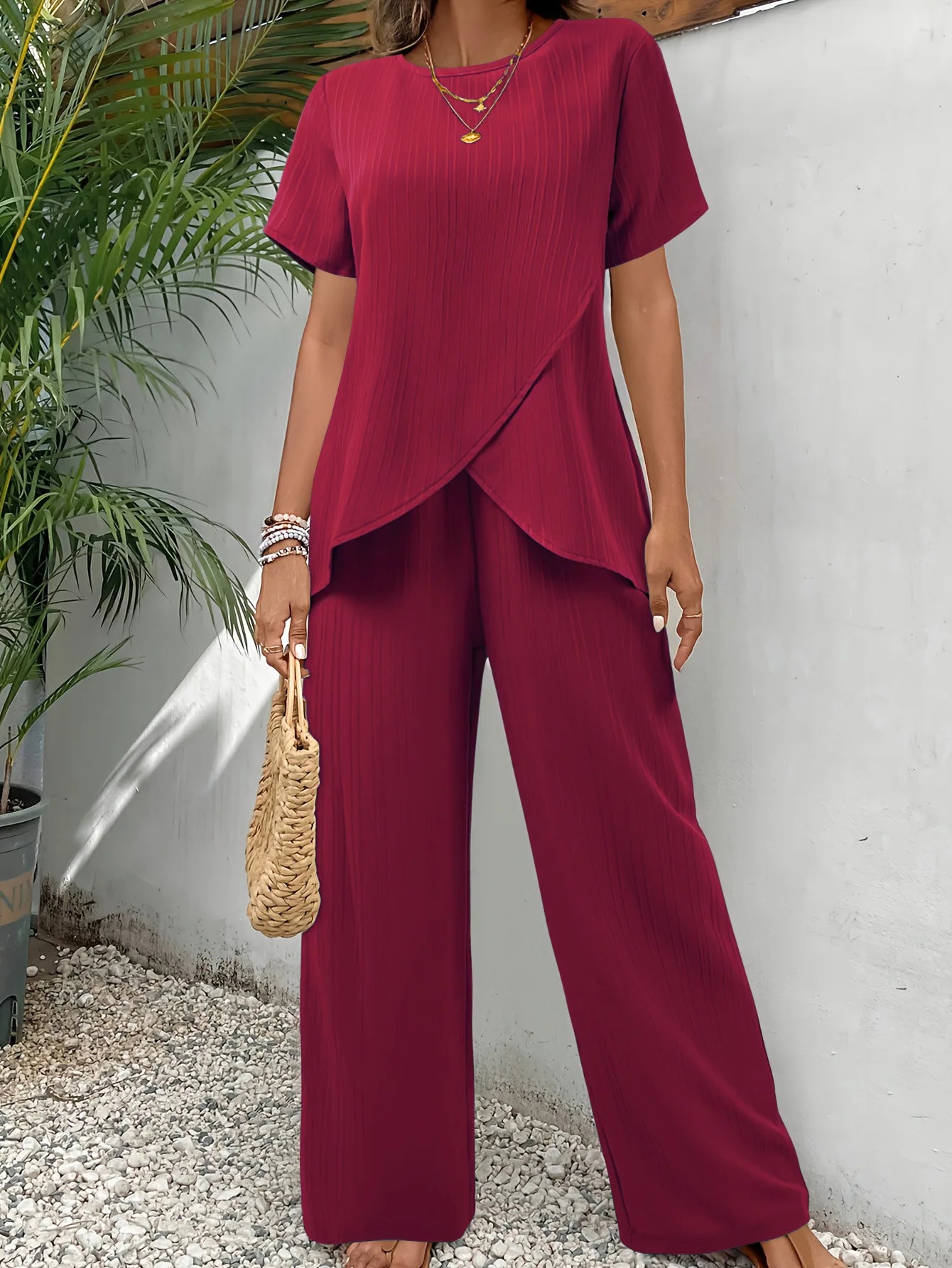 New Fashion Elegant Office Ladies Set Casual Set With Irregular Short Sleeve Blouses Loose Long Pants Two Piece Outfit Women's