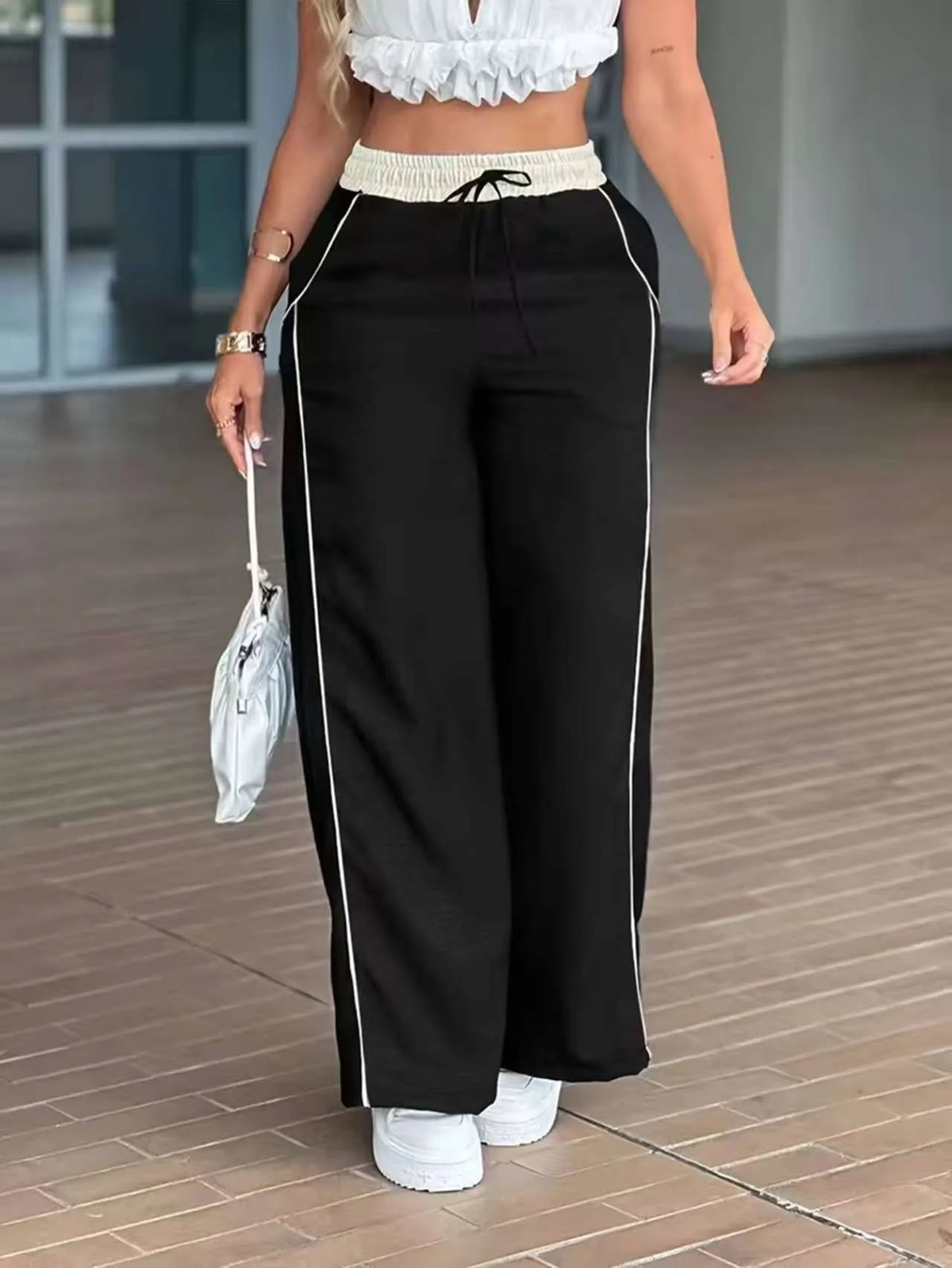 Women Pants High Waist Full Length Trousers Light Beige Wide Leg Pants Black Ruffle Trim Loose Fit Pants Women's Crop Top