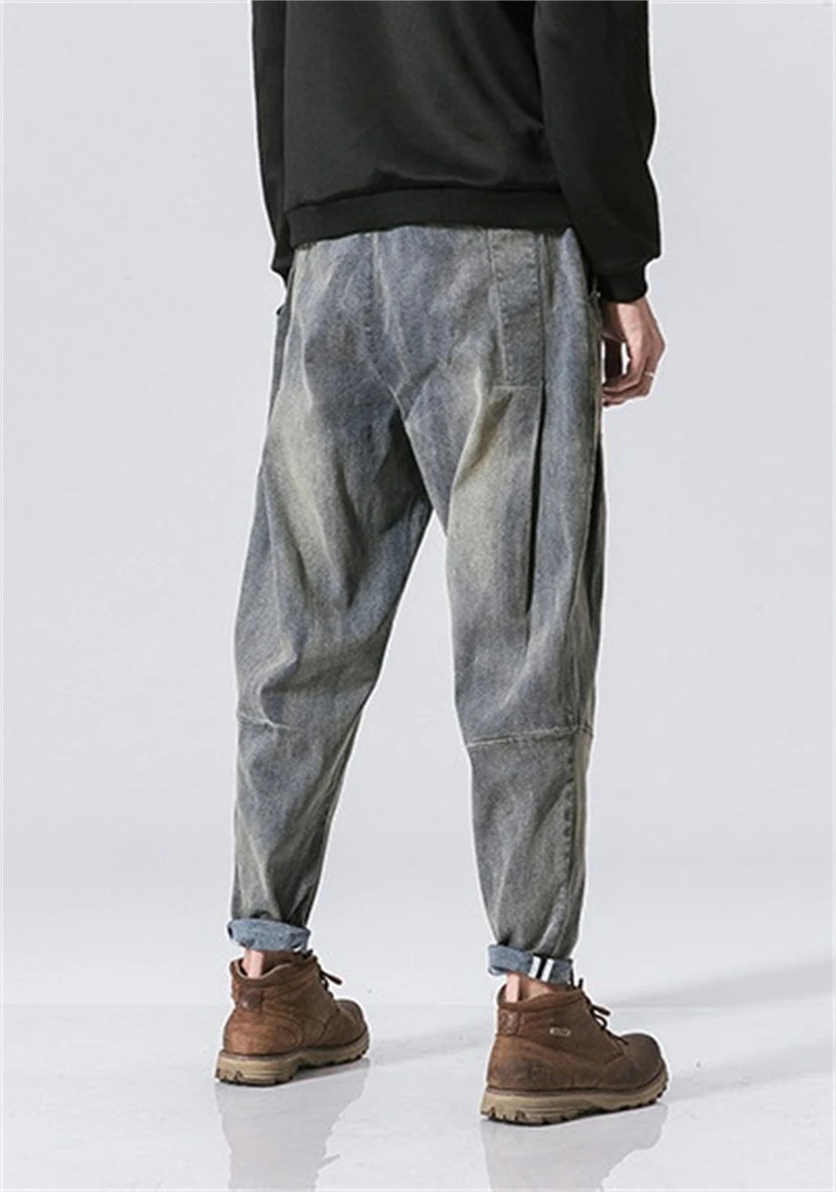 Vintage Denim Pants Men Streetwear Harajuku Jeans Belt Design Fashion Solid Color Jeans Elastic Waist Trousers Mens Clothes