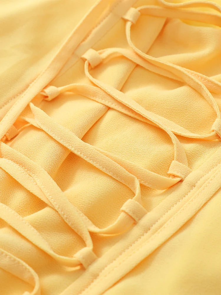 Women Yellow Low Cut Backless High Waisted Dress Lace Up Sleeveless Waist Cincher Spaghetti Strap Vestidos Party Club Women Robe