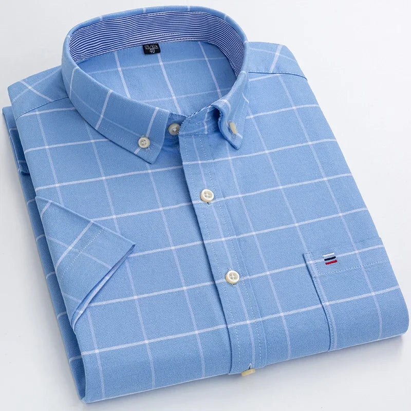 2025 100% Pure Cotton Men's Oxford Short Sleeve Square Collar Soild Plaid Striped Summer Casual Shirts Single Pocket  Shirt