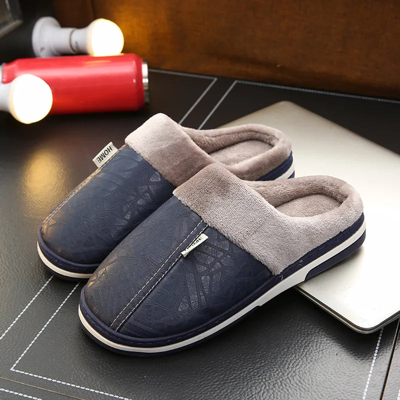 Big Size 50-51 Men Slippers Winter PU Leather Warm Indoor Waterproof Home Furry Flats Couples Slides Bedroom Non Slip Shoes