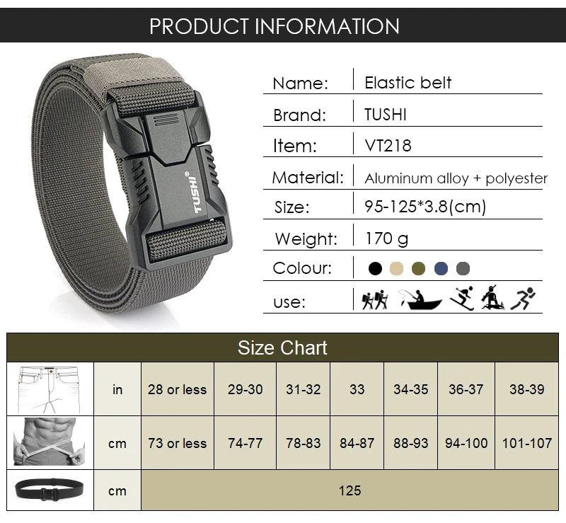 VATLTY New Tactical Outdoor Belt for Men and Women Aluminum Alloy Buckle Quick Release Elastic Belt Casual Belt Jeans Waistband