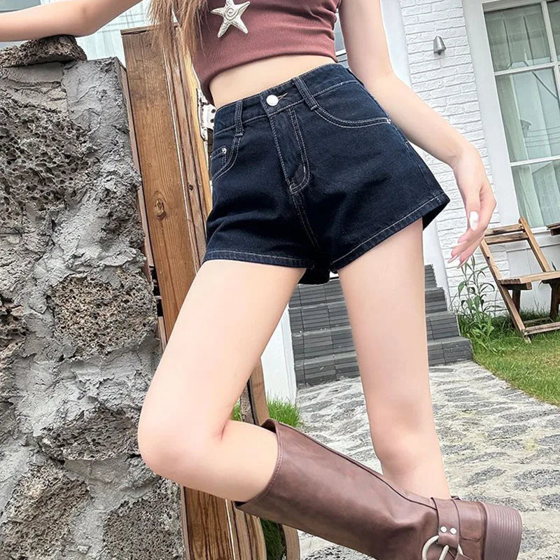 Casual Denim Shorts Women Summer Slim Fit High Waisted Pockets Hot Mini Pants Female Deep Blue Versatile Slimming Short Jeans