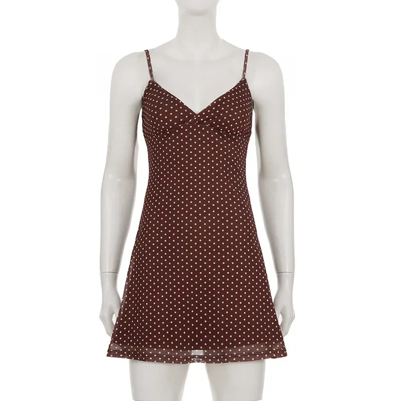 Y2K Polka Dot Mesh Cami Dress Sexy Spaghetti Strap V Neck Backless Tie up Color Block Bodycon Mini Dress for Daily Wear