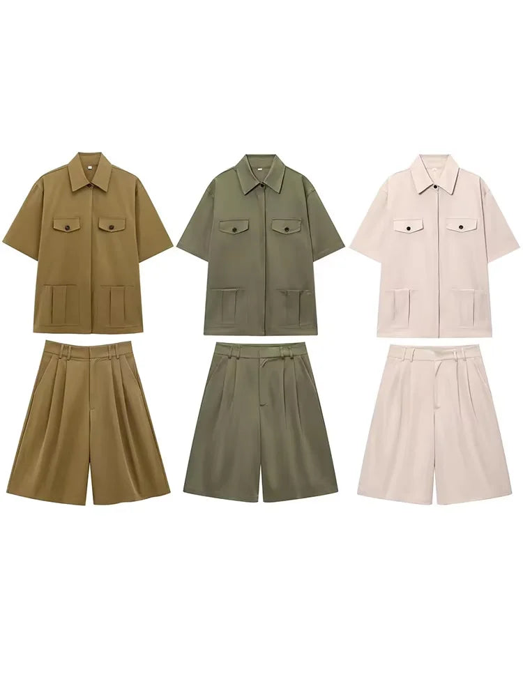 HH Women Summer Solid 2-Piece Set Button Pocket Decoration Short Sleeve Lapel Shirts+High Waist Pleated Zipper Casual Shorts
