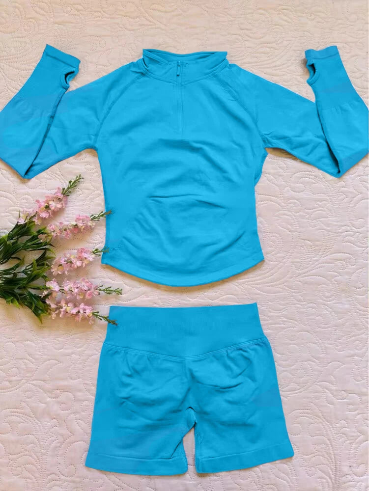 2026 2pcs Long Sleeve Yoga Set Women Half Zippy Jacket Longline Sports Top Gym Shorts Fitness Suits Running Coats Workout Set
