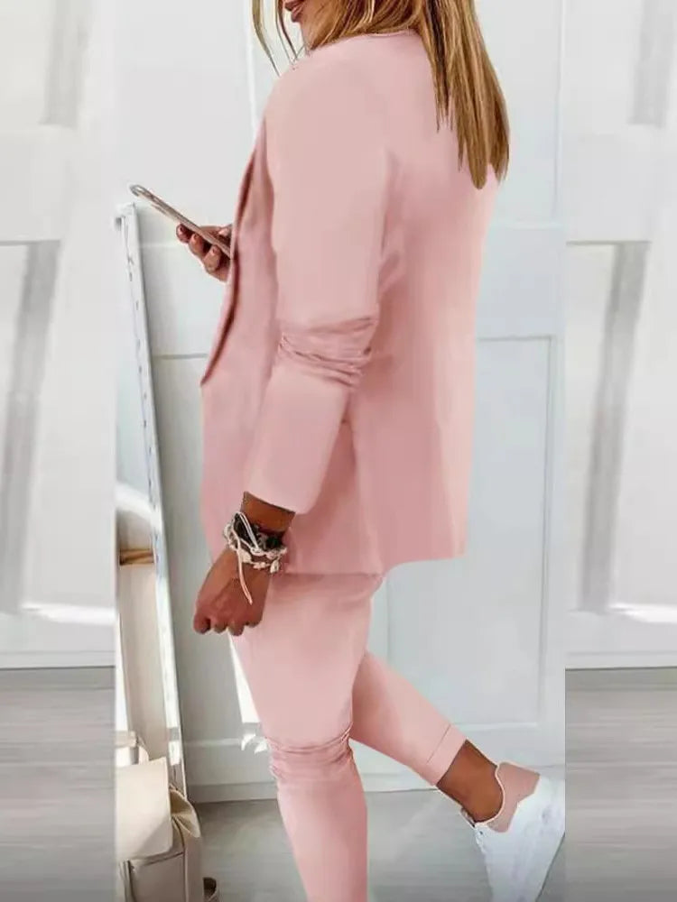 2024 Women's Two Piece Pant Suit Set Outfits Spring Autumn Turn Down Print Blazer Coat Drawstring Pants Suit Women Casual Sets