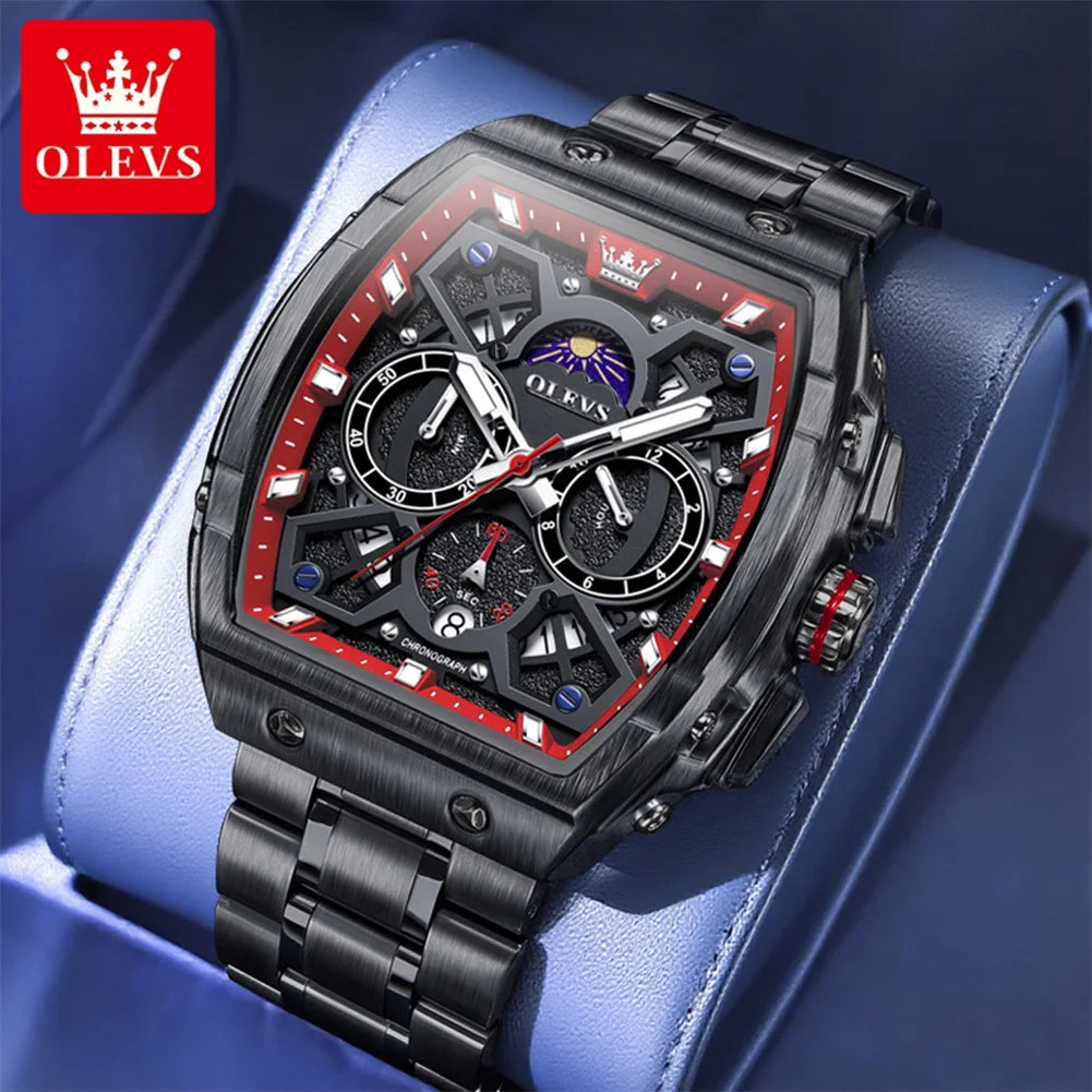 OLEVS 2942 New Mens Watch Tonneau Quartz Watch Stainless Steel Waterproof Sports Moon Phase Date Watches For Man Original Reloj