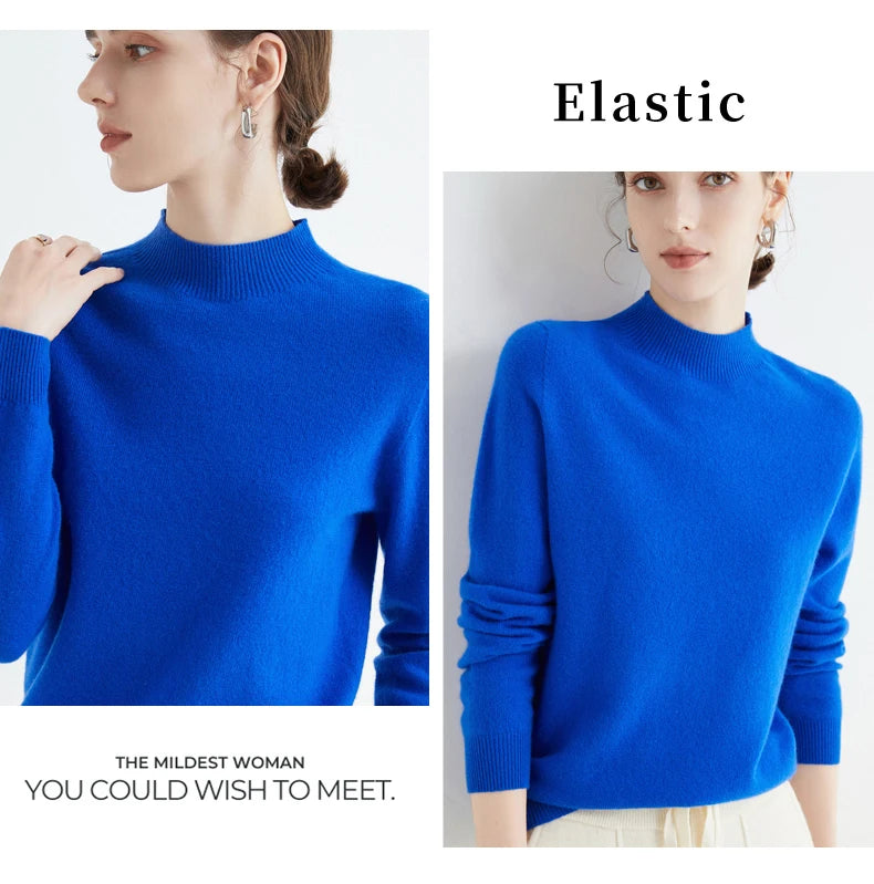 First-Line Seamless Women's Half-Turtleneck 100% Pure Wool Sweater Solid Color Long Sleeve Pullover Knitted Bottoming Sweater