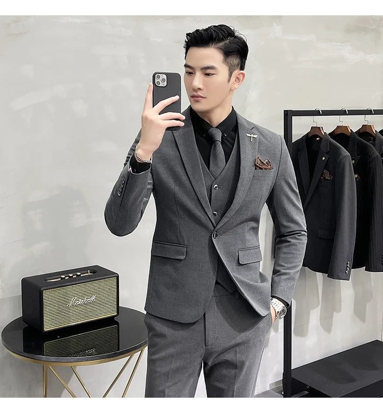 Blazer Vest Pants Men's Navy Blue Suit Set Slim Fit Blazer Vest Pants Formal Outfit for Business Wedding Office Groom Party