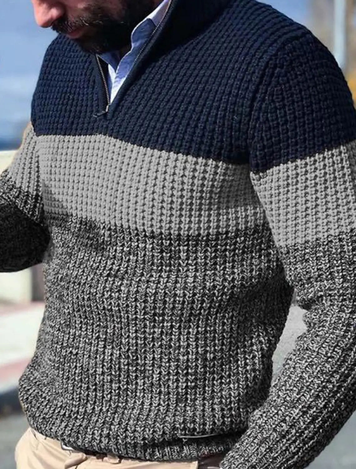 Pullovers Men Knitted Tops Zipper Turn Down Collar Full Sleeve Slim Fit Polo Sweaters Casual Regular Knit Splice Autumn Winter