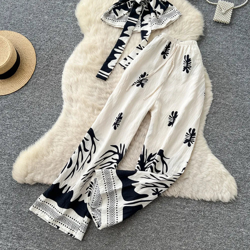 SINGREINY Boho Print Vacation Suits Summer 2026 Sleeveless Lace Up Tank Top+Loose Wide Leg Pant Chic Lazy Casual Women 2pcs Sets