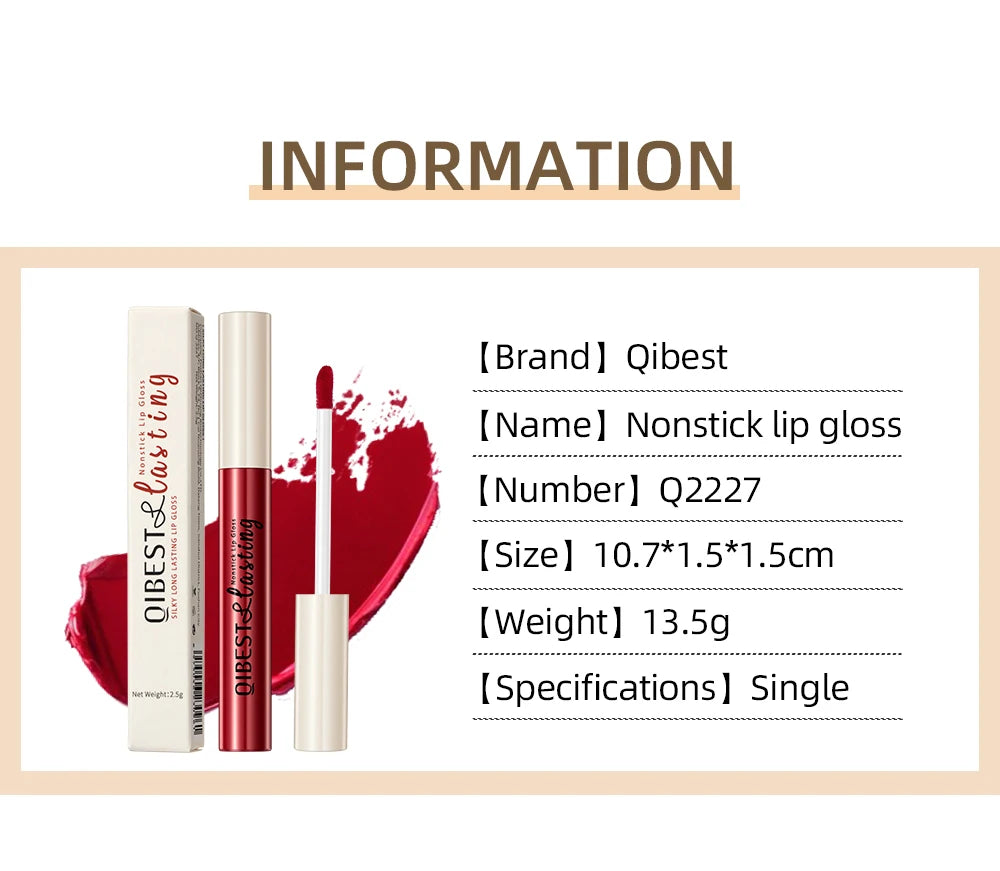 QIBEST Sexy Red Lip Gloss Long Lasting Velvet Matte Liquid Lipstick Waterproof Lip Makeup Nonstick Cup Purple Lip Tint Black