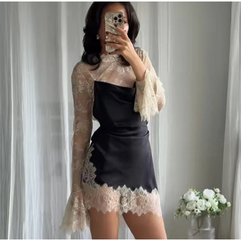 Elegant Sexy Lace Patchwork Mini Dress Women Full Flared Sleeve Waist Cinching See Through Short Dresses Lady Club Party Gowns