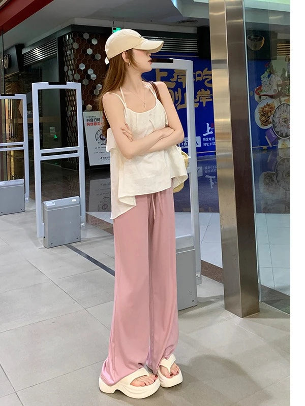 Women's Straight Pants Spring Summer Loose Casual High Waist Wide-leg Pants Drawstring Solid Gray Trousers Women
