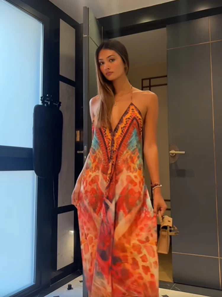 Bohemian Printed Halter Maxi Dress Women Sexy Backless Deep V-neck Sleeveless Off Shoulder Vestido Vacation Date Party Beachwear
