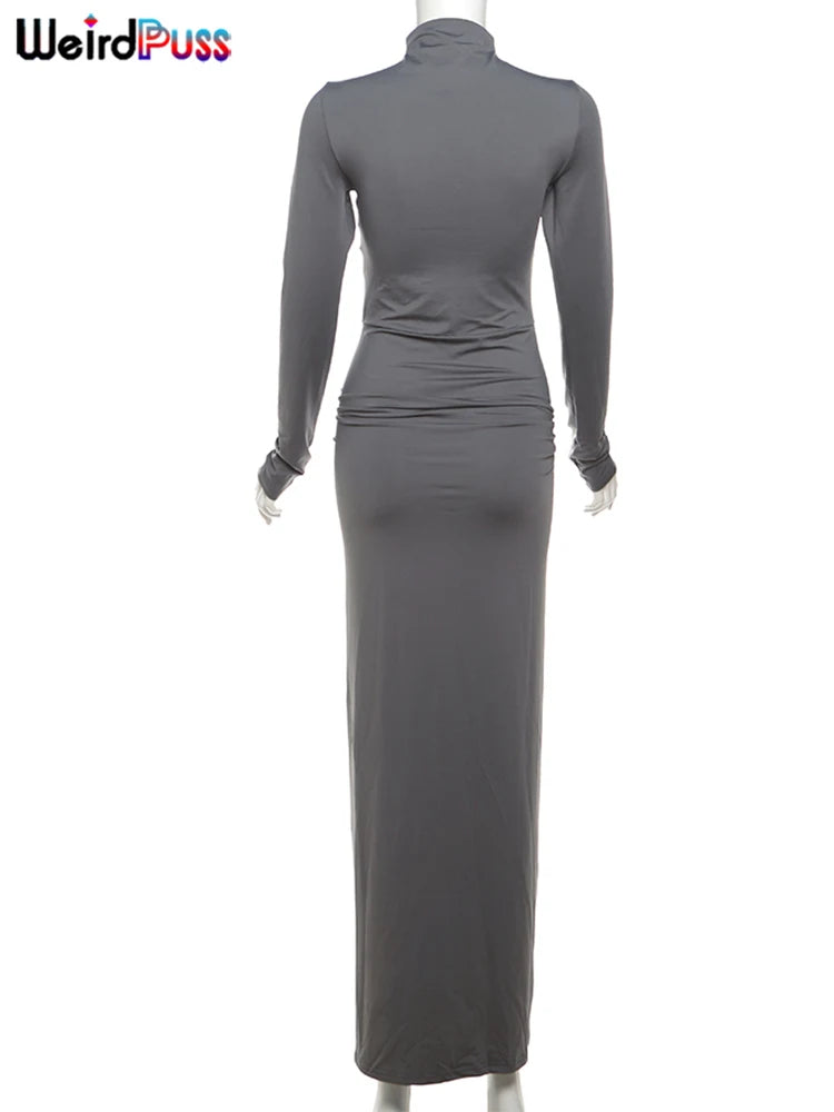 Weird Puss Hipster Ruched Dress Women O-Neck Full Sleeve Skinny Stretch Robe Autumn Trend Simple Classic Pleats Long Bodycon