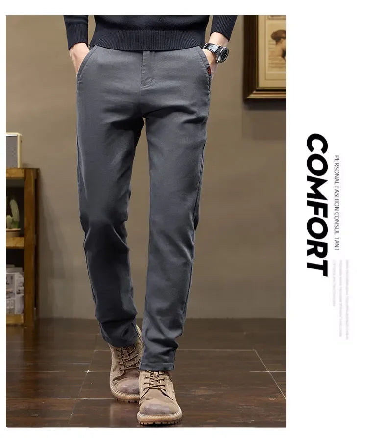 Korean Fashion Fleece Men's Casual Pants Slim Straight Youth Warm Trousers Thickened Thermal Stretch Male Clothes Trendy Brand