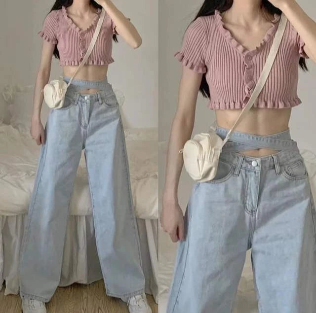 Women's High Waist Baggy Jeans Korean Trendy Loose Wide Leg Denim Pants with Ankle Ties Flowy Floor Length Streetwear
