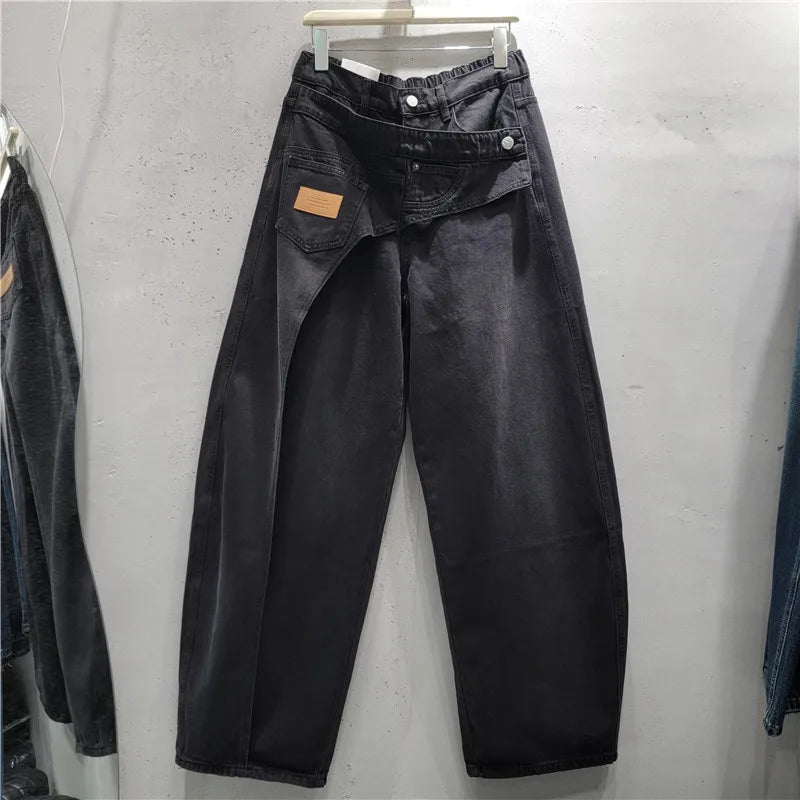Women Irregular Crossover Waist Wide Leg Jeans Women's 2026 Autumn New Wide Legs Pants Vintage Washed Casual Denim Trousers