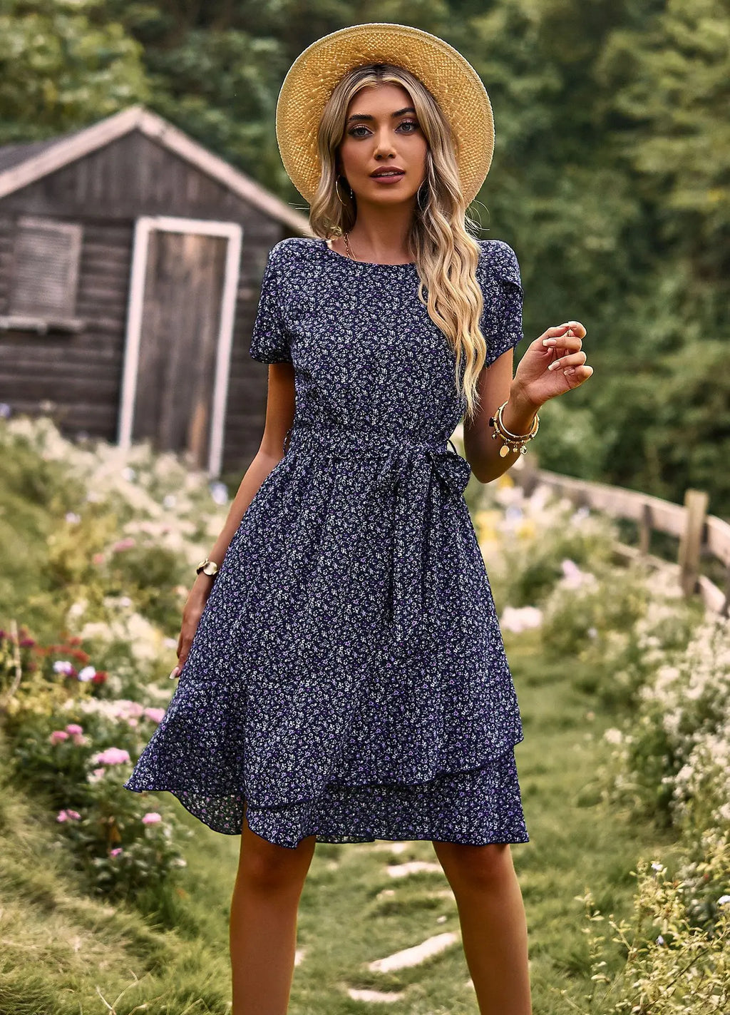 Msfilia Fashion O Neck Casual Printd Dress Women Summer Strap High Waist Pleated Dresses For Female
