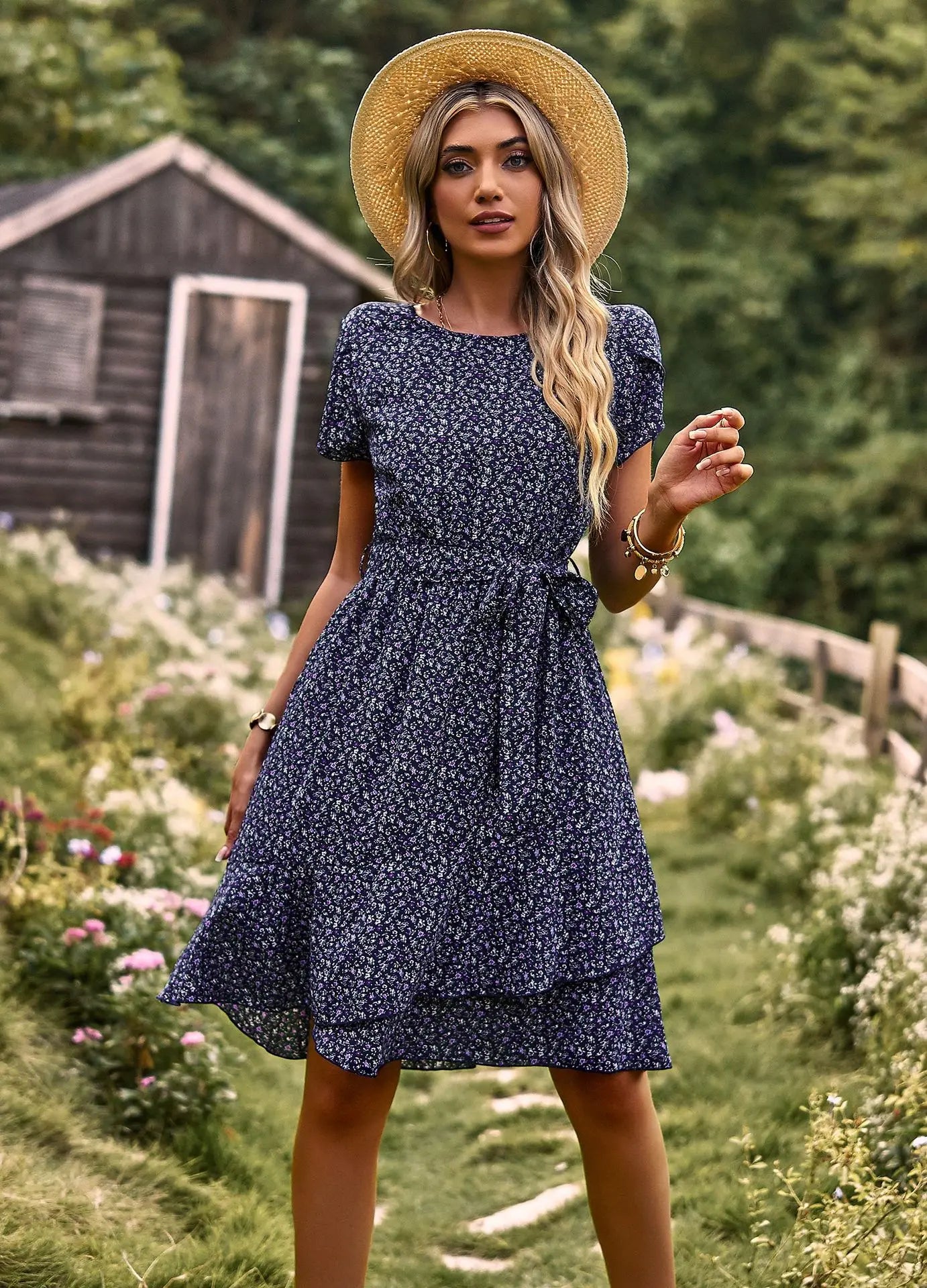 Msfilia Fashion O Neck Casual Printd Dress Women Summer Strap High Waist Pleated Dresses For Female