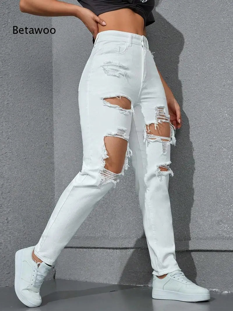 Women's High Waist Ripped Denim Jeans with Distressed Knee Holes and Straight Leg Fit for Casual Streetwear Fashion