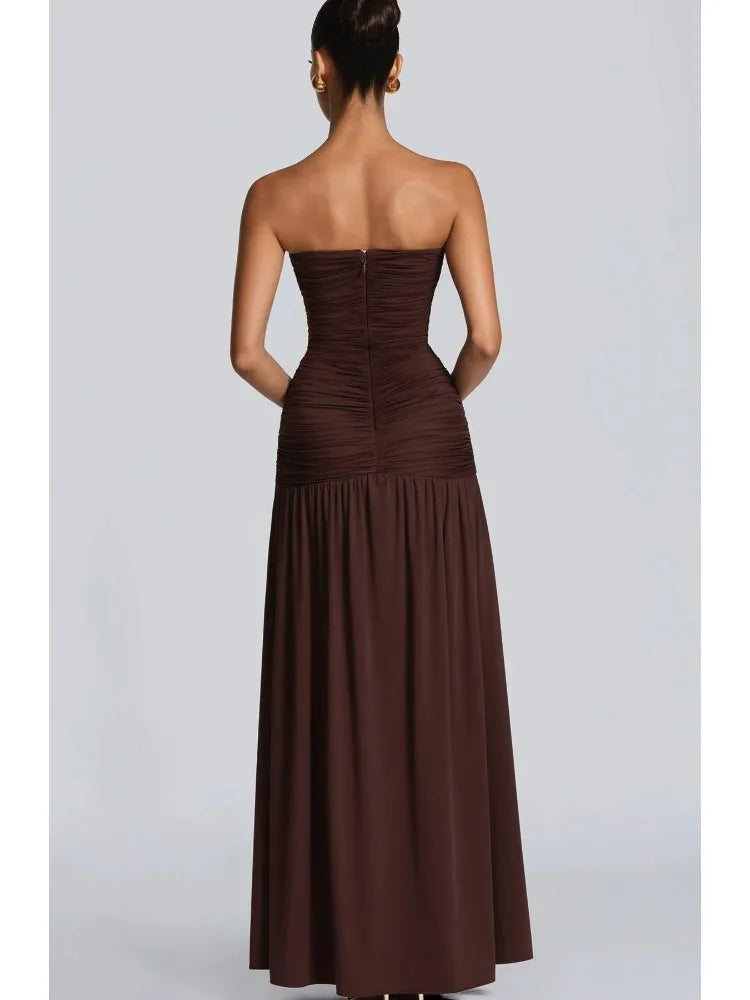 2026 Deep V Neck Pleated Strapless Dress Women Elegant Off Shoulder Backless Split Maxi Evening Party Vestidos