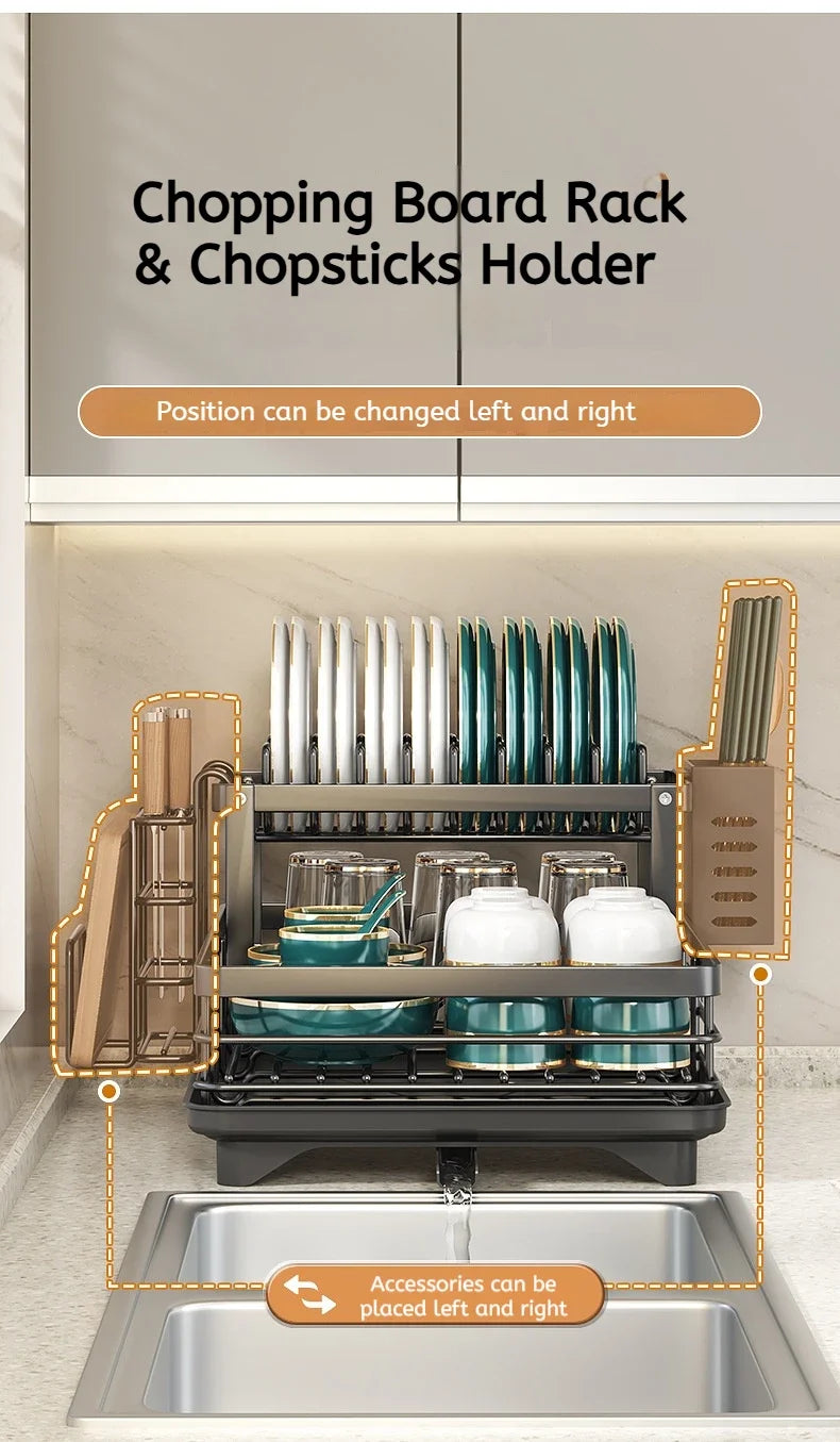 Dish Drying Rack Adjustable Kitchen Plates Organizer with Drainboard Over Sink Plate Drainer Storage Organizer