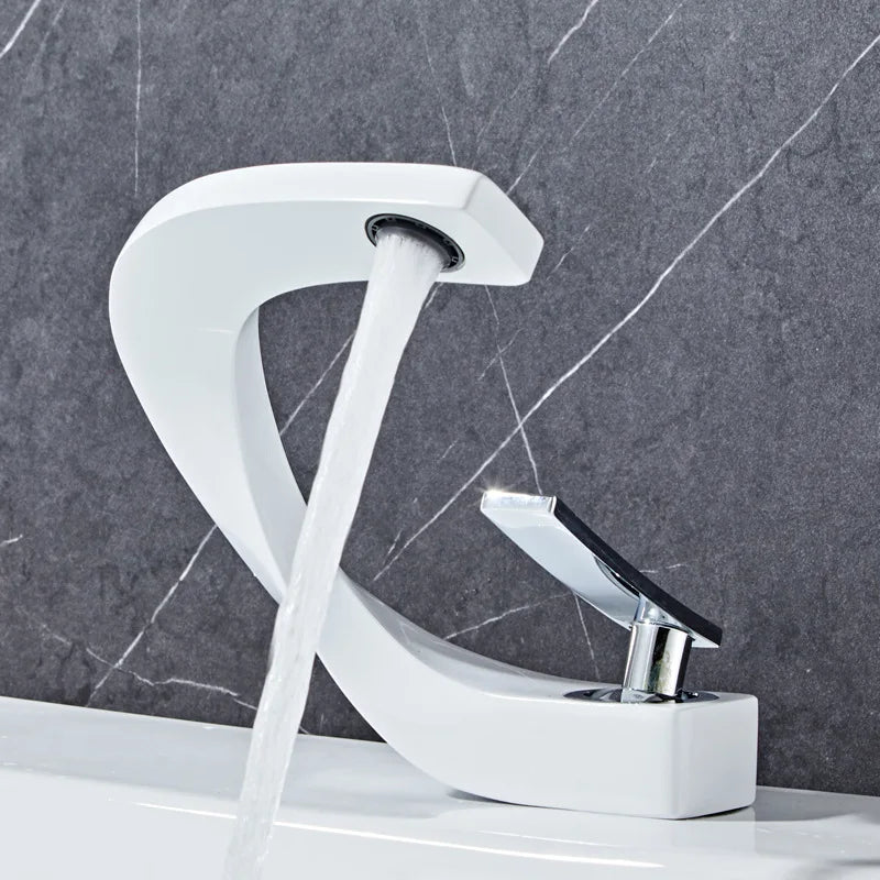 Basin Faucet  Brass Hot and Cold Wash Basin Faucet White with Gold Bathroom Basin Modern Minimalist Creative Faucet PP-12085