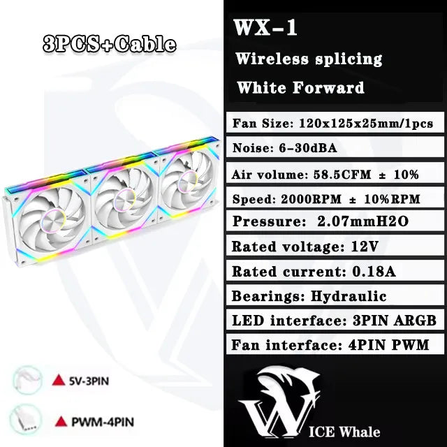 ICE Whale WX-1 Wire-Splicing PC Case Cooling Fan ARGB Mirror Cycle Light Effect 800-2000RPM PWM Water Cooling 360mm Cooler Fan