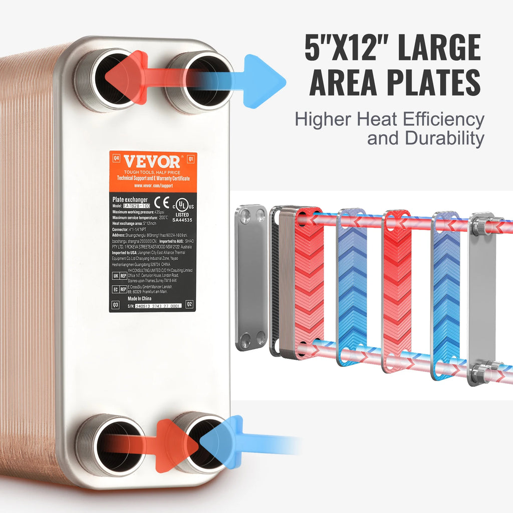 SucceBuy Heat Exchanger 5"x 12" 80 Plates Brazed Plate Stainless Steel For Floor Heating Water Heating Snow Melting Beer Cooling