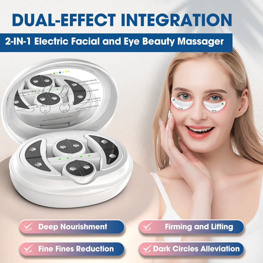 2-IN-1 Face & Eye Beauty Massager Micro-current Red Light EMS Anti Aging Bags Dark Circles Reduce Electric Eye Rejuvenation Pads