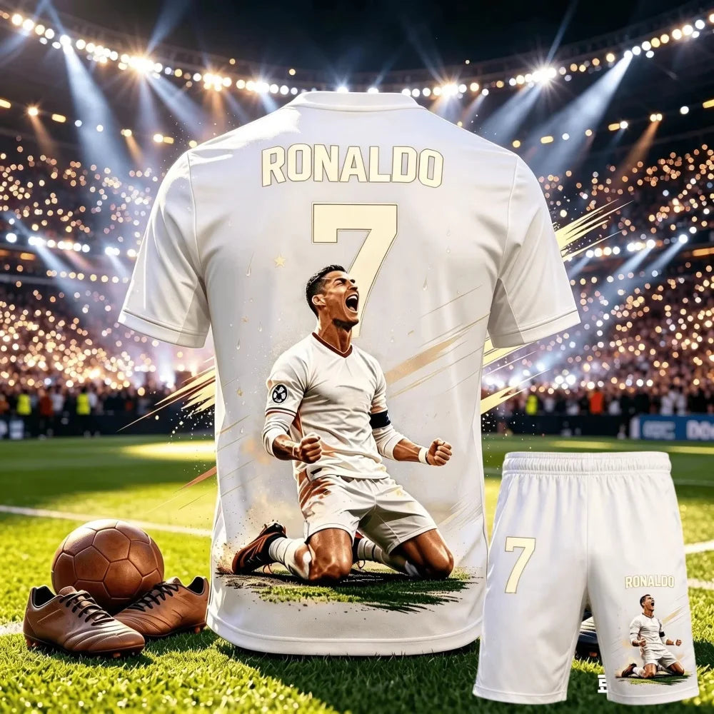 CR7 Ronaldo No.7 Theme Soccer Outfit Adult Children 3D Print Jersey Shorts Two Piece Sports Suit For Fans parent-child Clothing