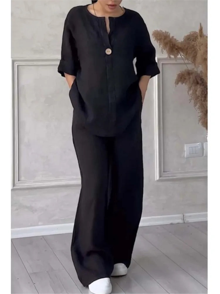 Fashion O Neck Long Sleeve Cotton Linen Shirt Suit Women Spring Autumn Casual Solid Color Pocket Pants Female Office 2 Piece Set