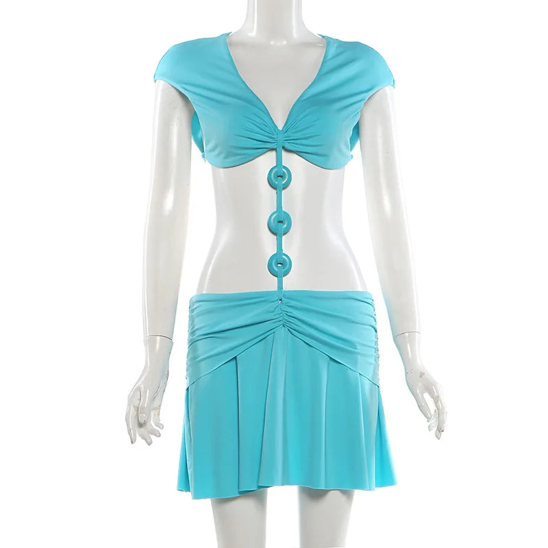 Blue Deep V Waist Cut Out Mini Dress Three Ring Connector O Ring Detail Ruched Sexy Beach Music Festival
