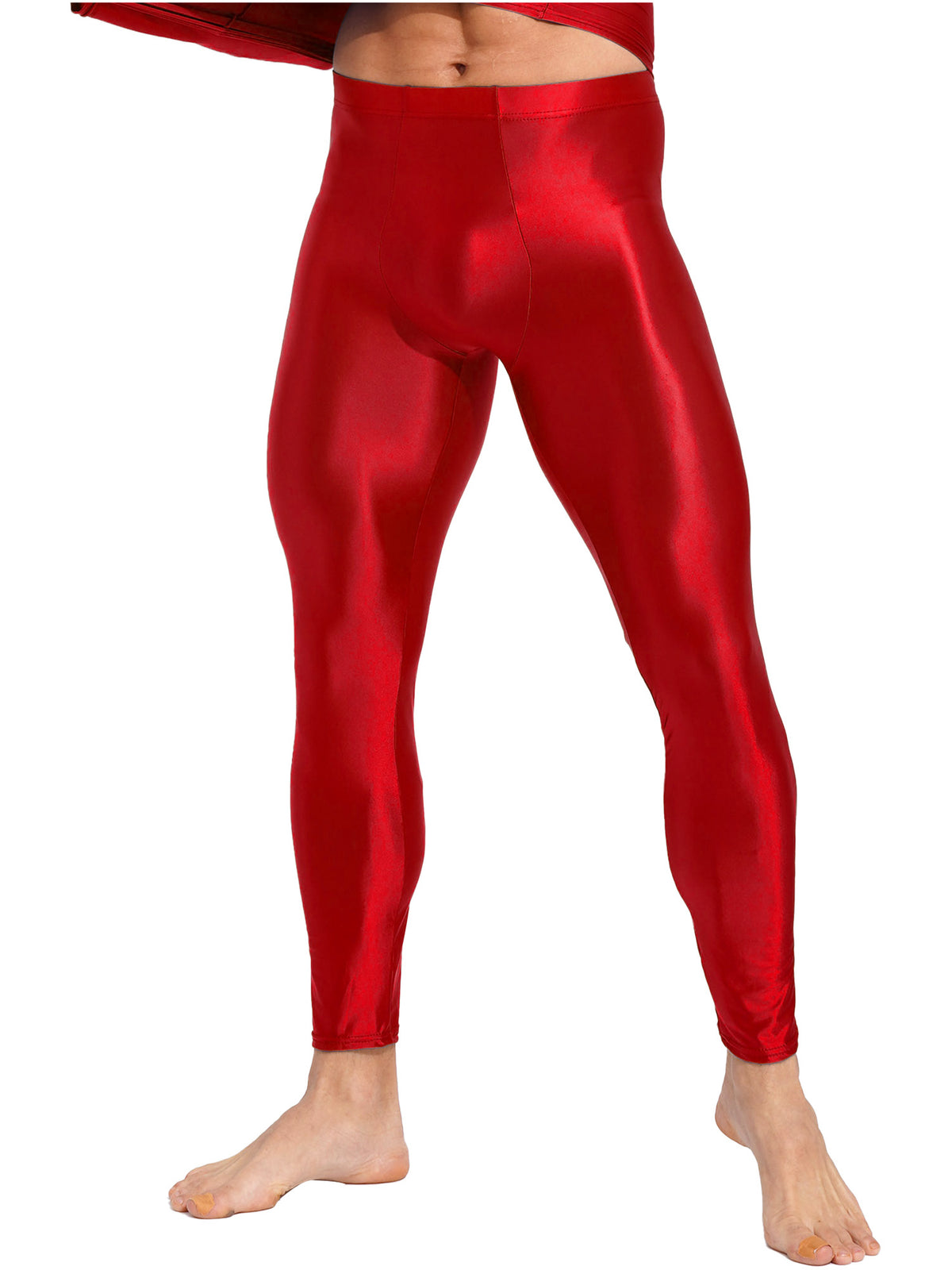 Men Elastic Waistband Skinny Shiny Yoga Tights Pants Solid Color Leggings Exercise Running Gym Fitness Training Sportswear