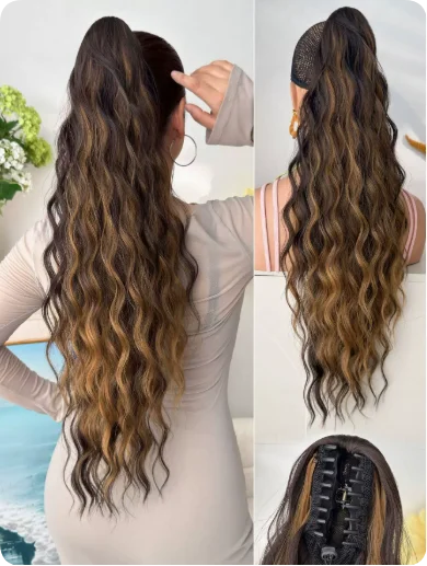 Black White Ombre Claw Clip Ponytail Hair Extensions Wavy Synthetic High Ponytail Hairpiece For Women