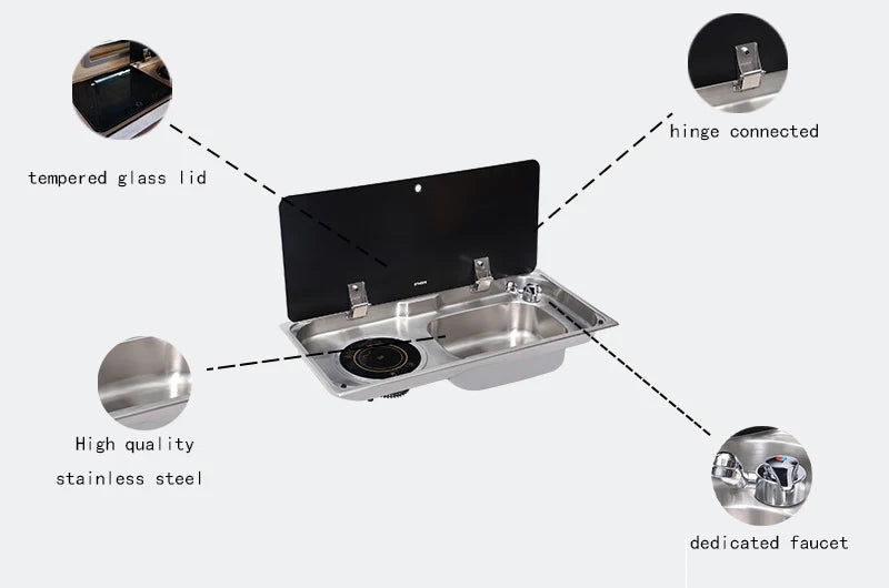 RV Kitchenware Accessories Caravan Wash Sink With Induction Cooker Single Burner Gas Stove With Tempered Glass Lid