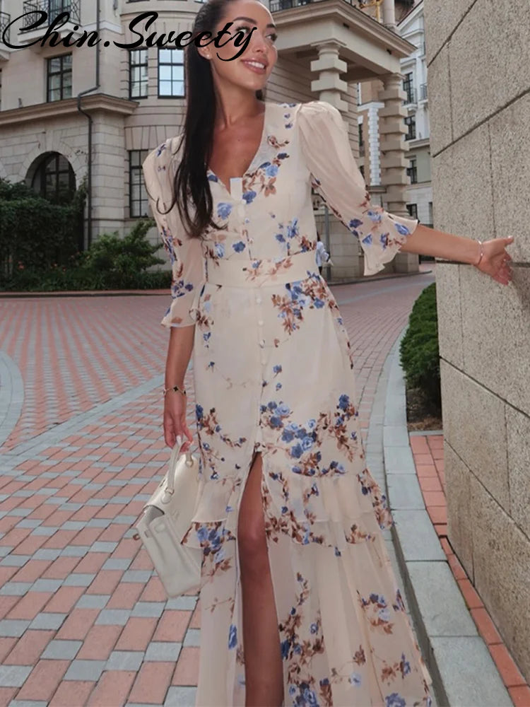 Sexy Print Women Long Dress Urban V-neck Single Breasted Ruffles Half Sleeve Female Dresses 2026 Spring Autumn Lady Robe