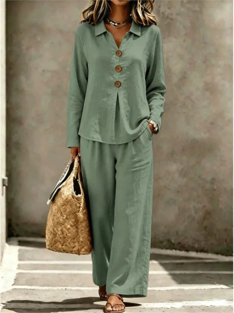 Women Solid Casual Two-piece Sets Autumn Lapel V-neck Button Long Sleeve Shirt Top & Wide-leg Pants Suit 2026 Commuting Outfits
